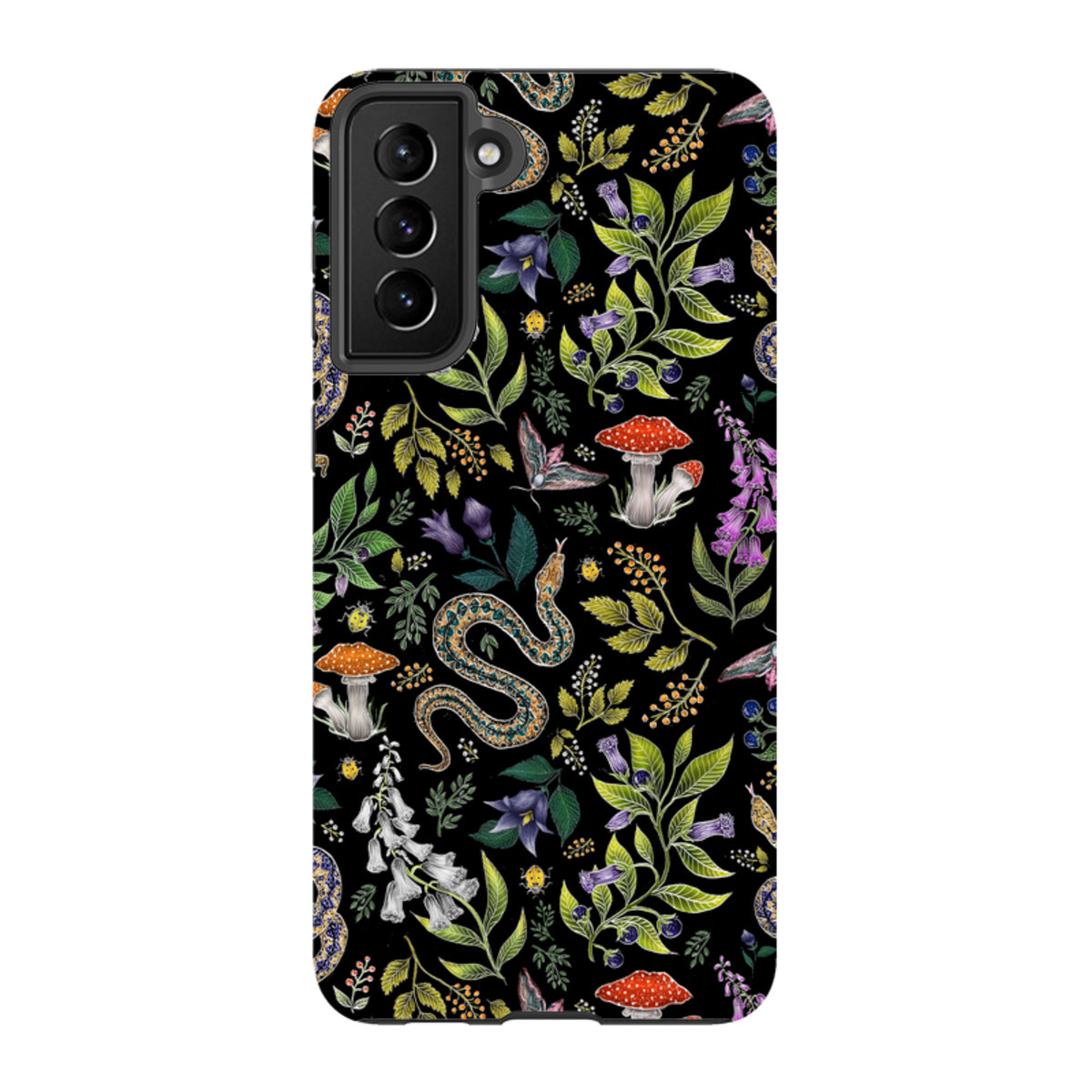 Samsung tough phone case featuring a black background with a botanical snake, mushroom, and floral pattern.