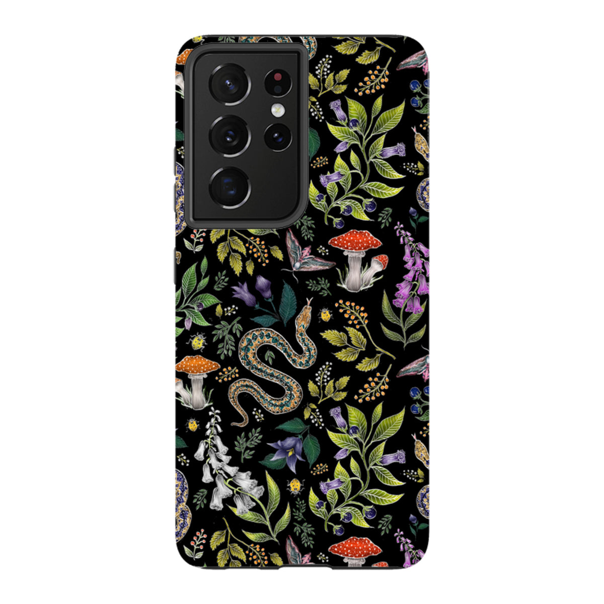 Samsung Galaxy tough case featuring a black background with a detailed botanical snake and mushroom art print.