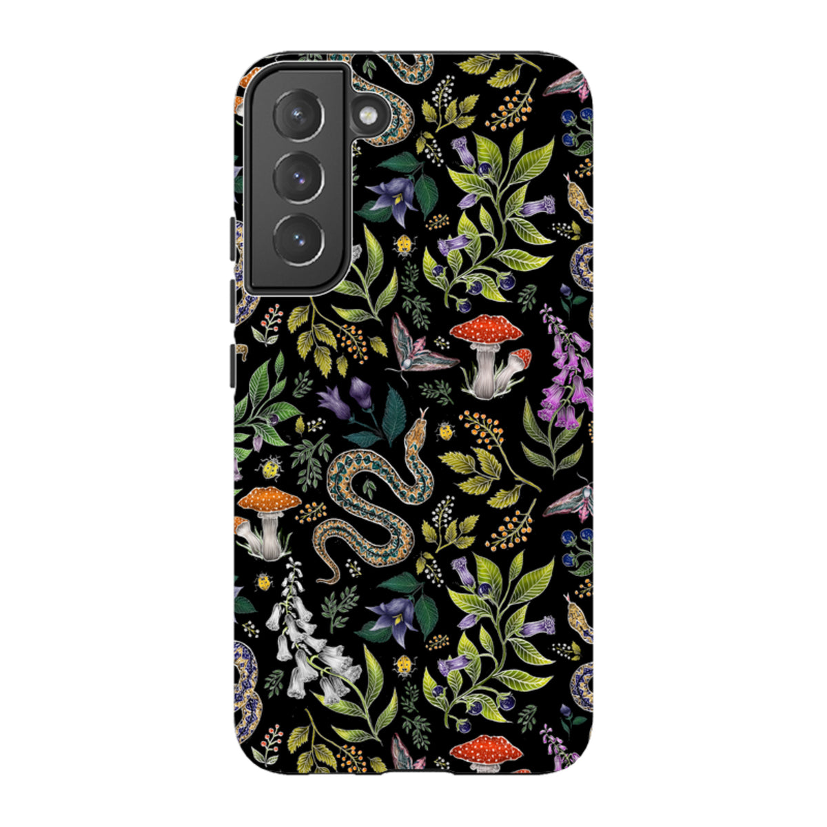 Samsung Tough Case featuring Catherine Rowe’s Poisonous botanical art with snakes, mushrooms, and flowers on black.