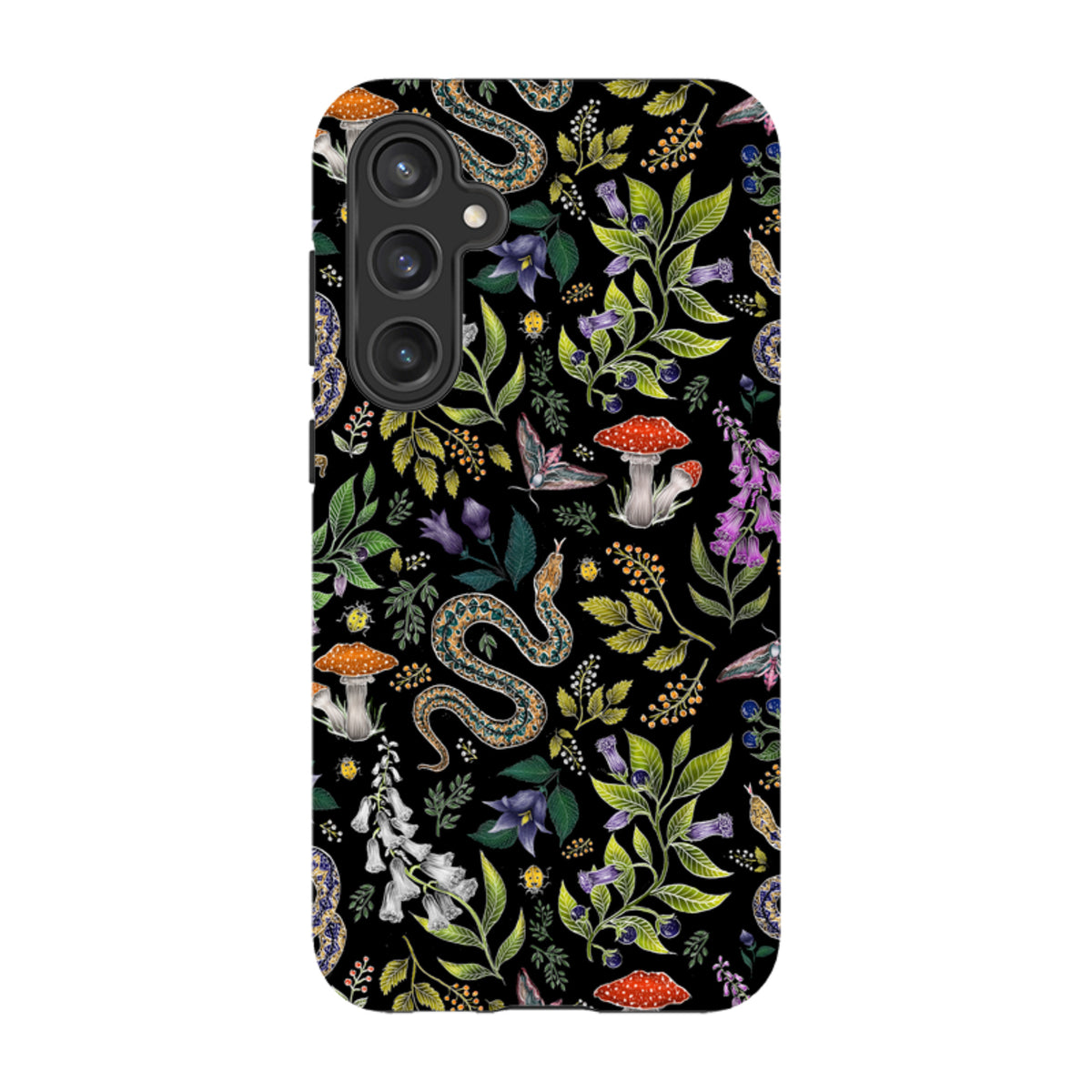 Samsung Tough Case featuring Catherine Rowe’s Poisonous botanical print with snakes, mushrooms, and moths on black.