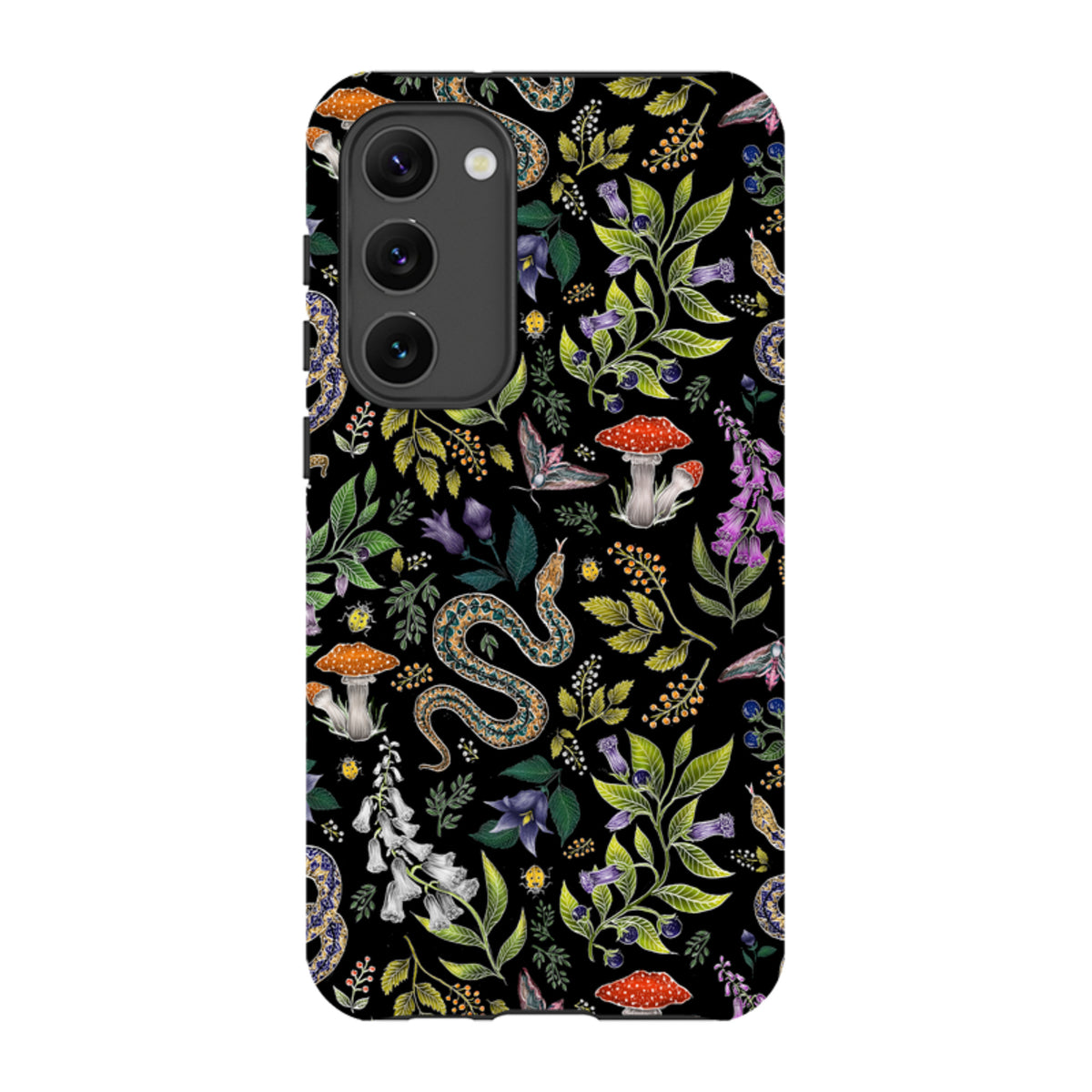 Samsung tough phone case featuring a black background with a botanical snake, mushroom, and floral pattern.
