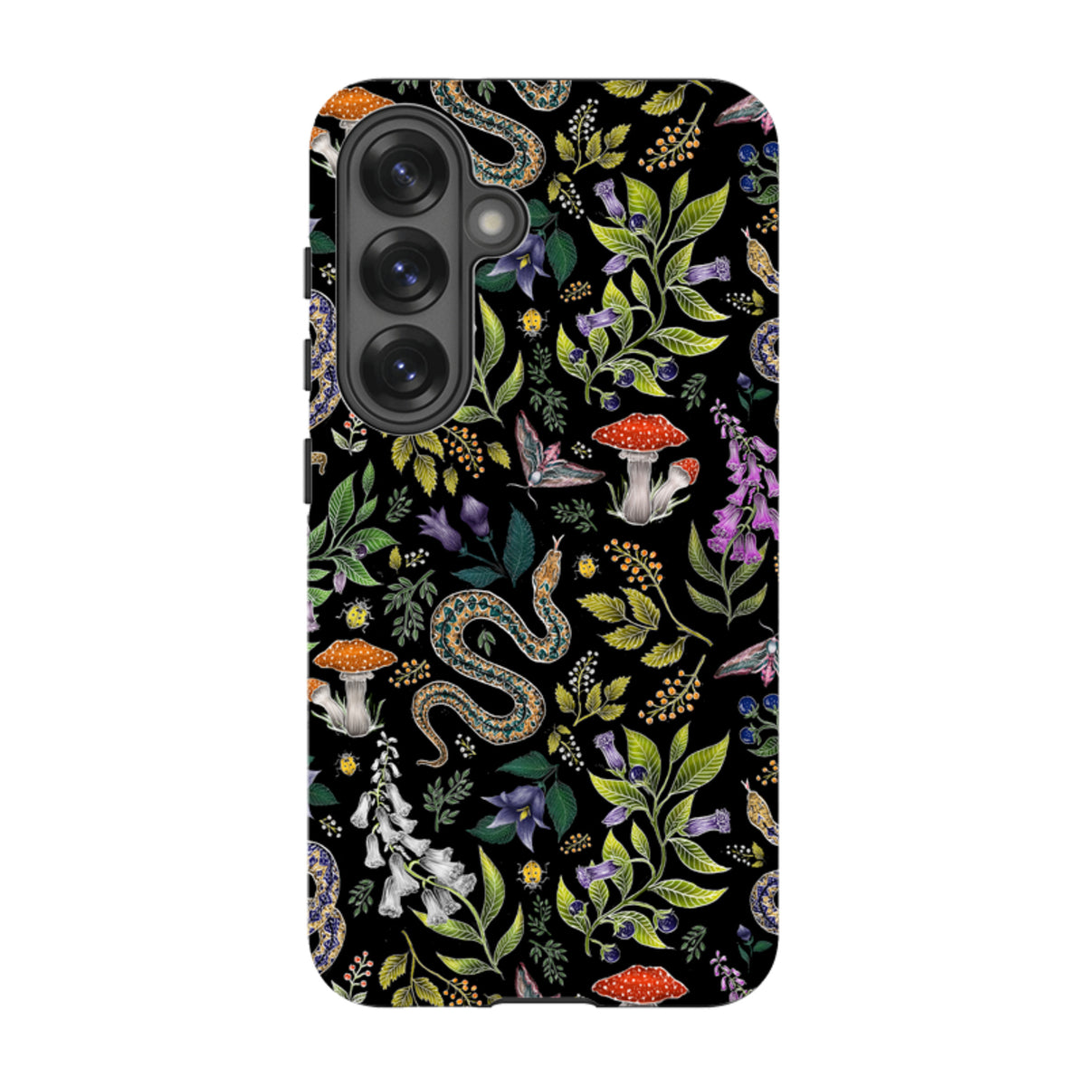 Samsung Tough Case featuring Catherine Rowe’s Poisonous botanical print with snakes, mushrooms, and flowers on black.