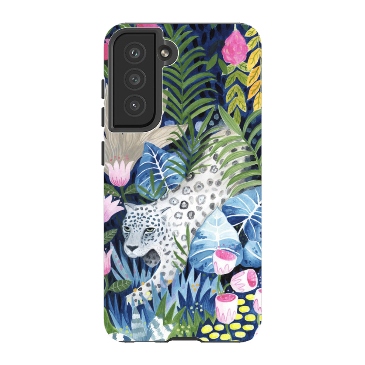 Samsung Tough Case featuring a prowling leopard in a vibrant, artistic jungle print with dual-layer protective design.
