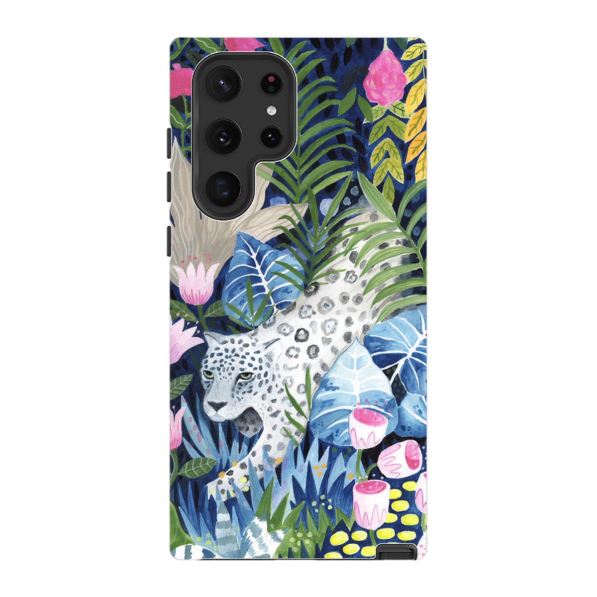 Samsung Galaxy tough case featuring a prowling leopard amidst vibrant tropical leaves and pink flowers in a matte finish.