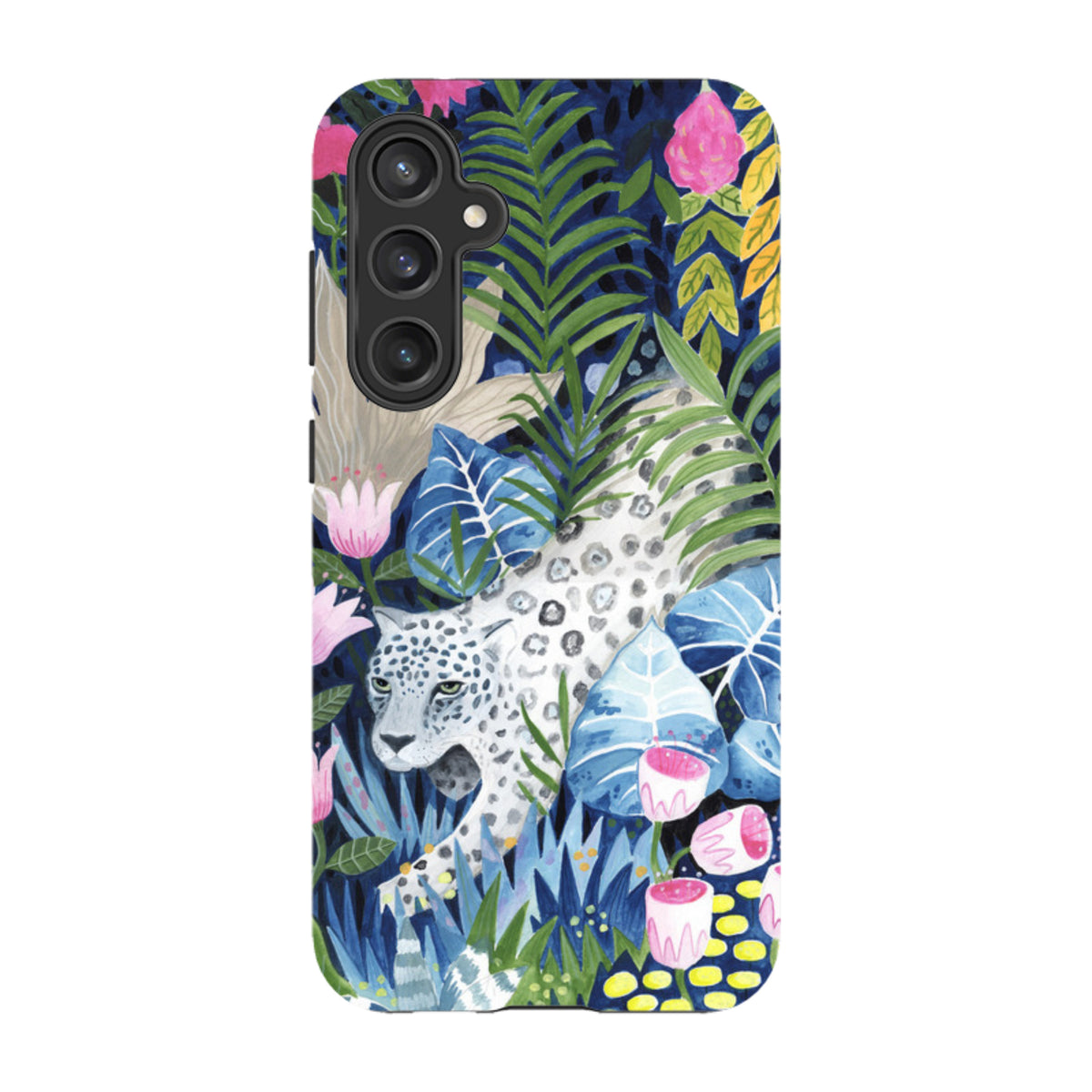 Samsung Tough Case featuring a prowling leopard in a vibrant, colorful jungle floral print with dual-layer protection.