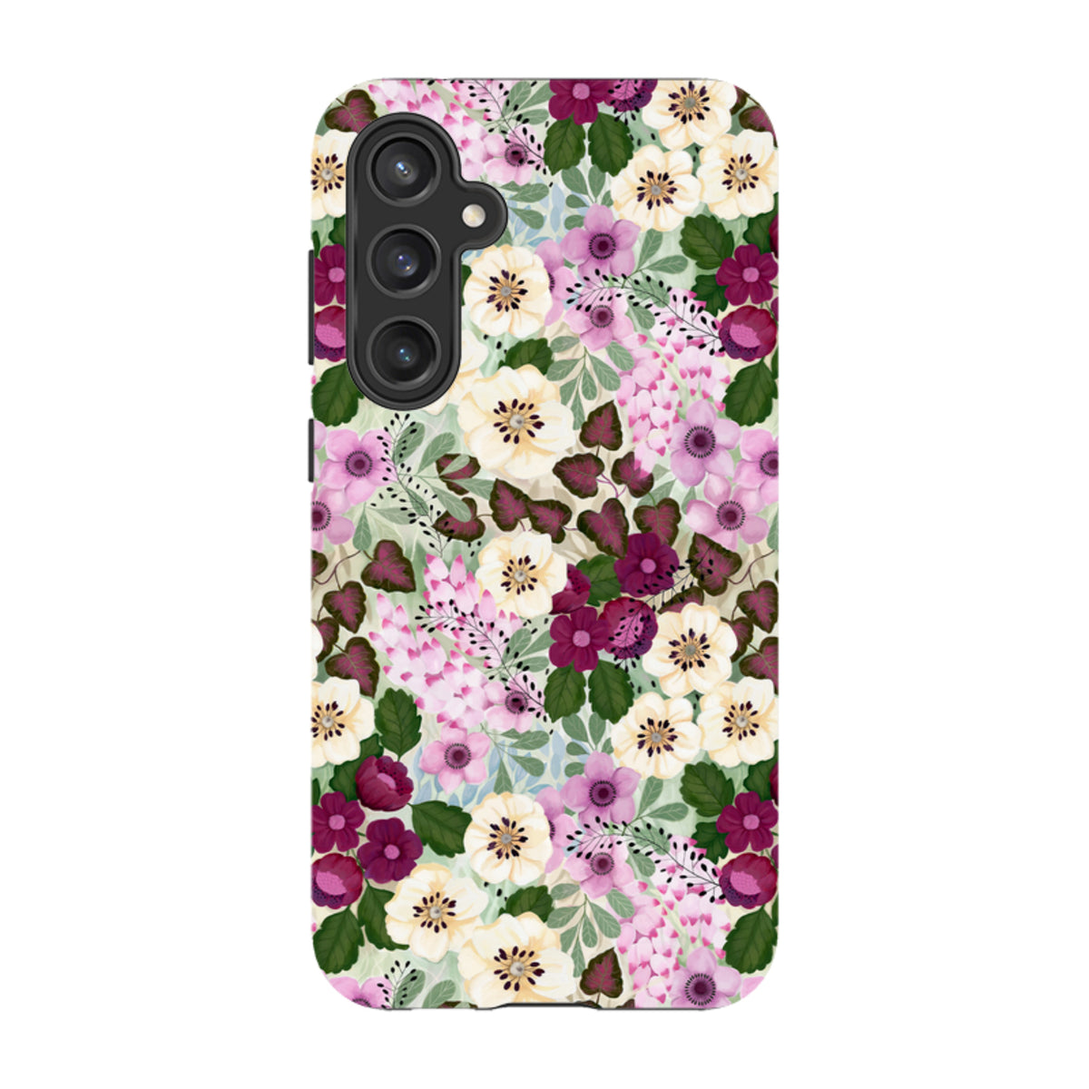 Samsung tough phone case featuring a vibrant purple and cream floral pattern by Bex Parkin on a dual-layer protective shell.