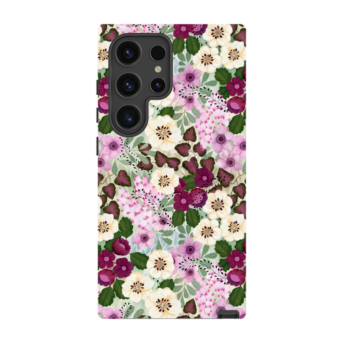 Samsung Galaxy tough case featuring a vibrant purple and cream floral pattern by Bex Parkin with dual-layer protection.
