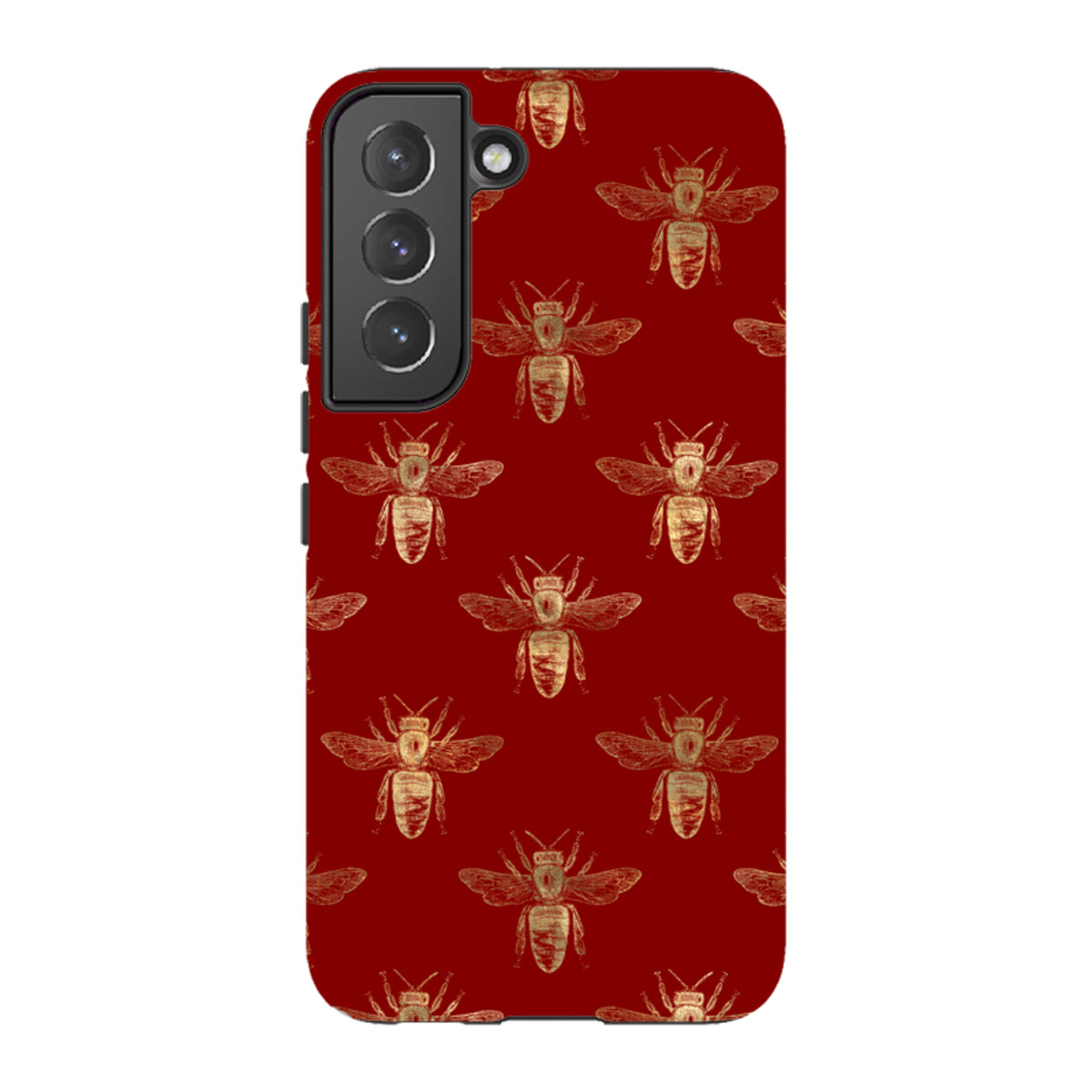 Samsung Galaxy tough case in deep red with a gold bee pattern and dual-layer protective design.