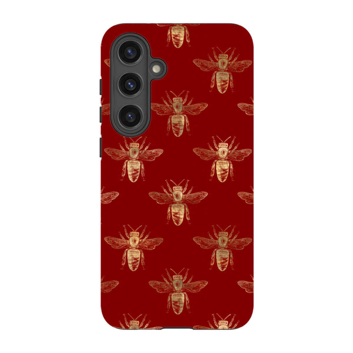 Samsung Galaxy tough case in deep red with a repeating gold bee pattern and durable dual-layer protection.