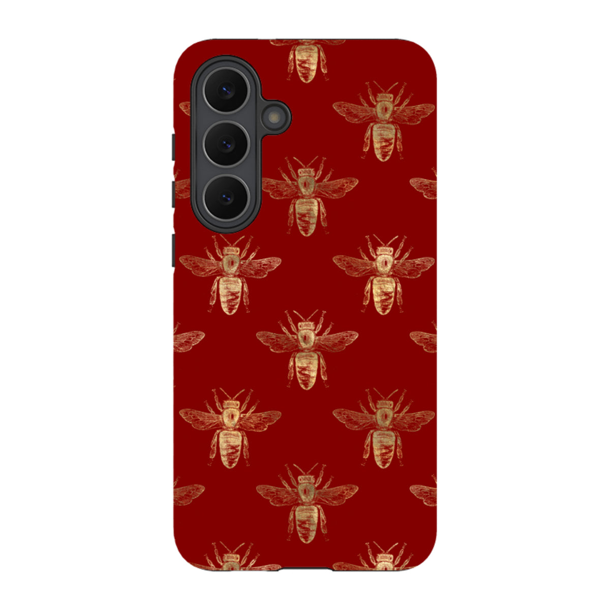Samsung Galaxy tough case in deep red with a repeating gold bee illustration pattern and dual-layer protective shell.