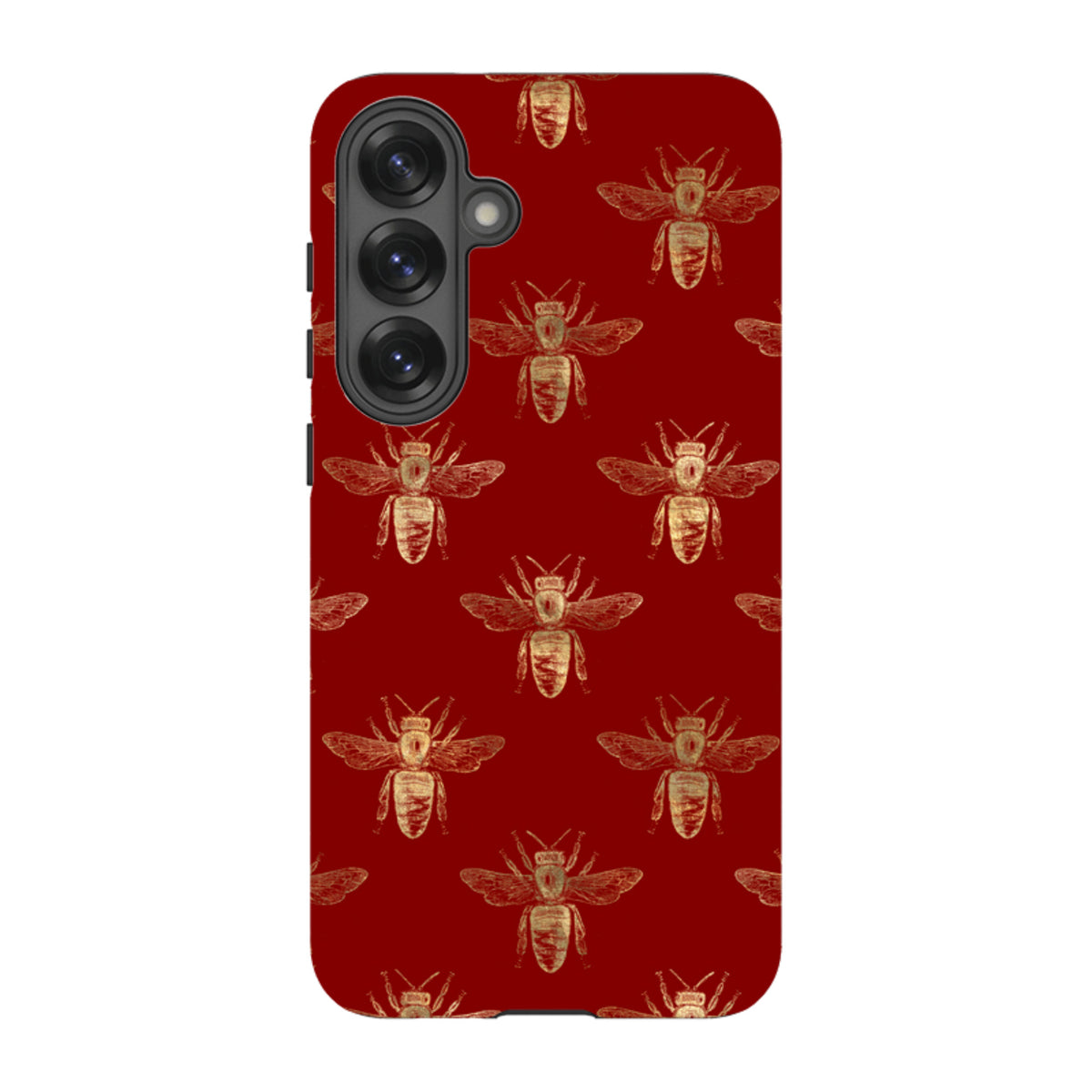 Samsung Galaxy tough case in deep red with a repeating gold bee pattern and dual-layer protective design.