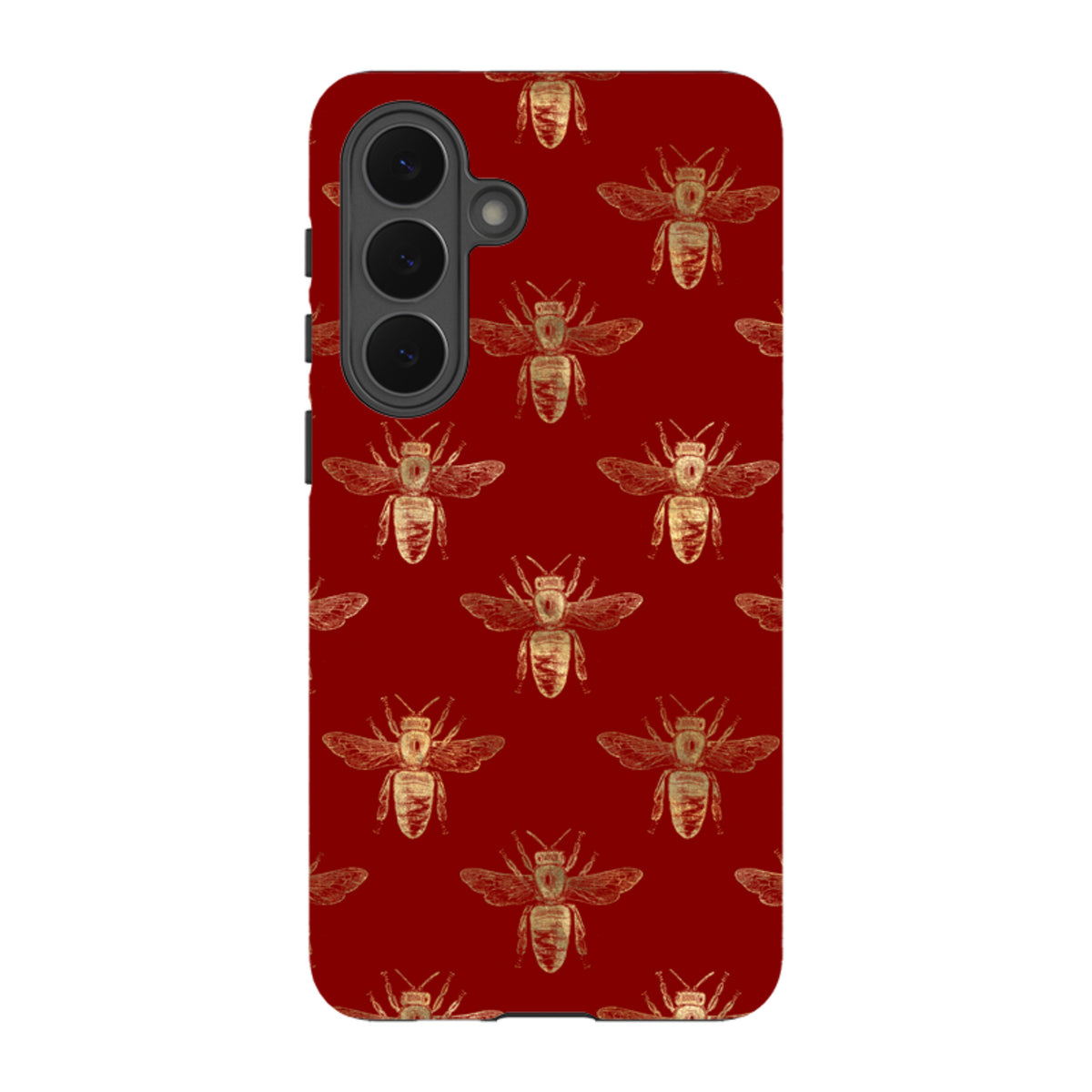 Samsung Galaxy tough case featuring a red background with a repeating gold bee pattern and camera cut-out.