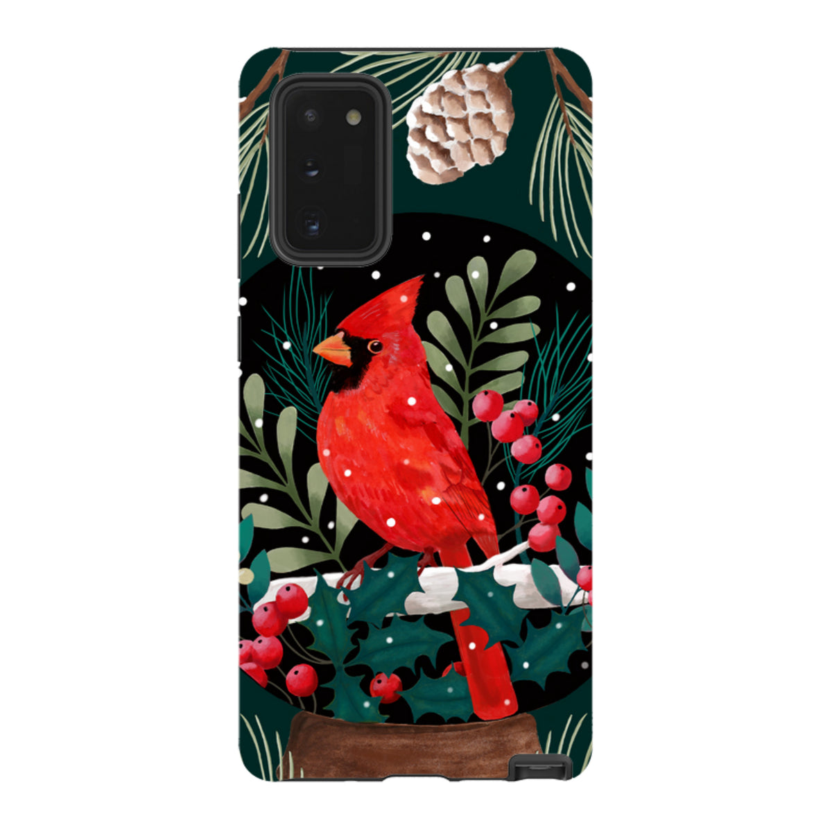 Samsung Tough Case featuring a vibrant red cardinal, holly berries, and pinecone art on a dark, snowy winter background.