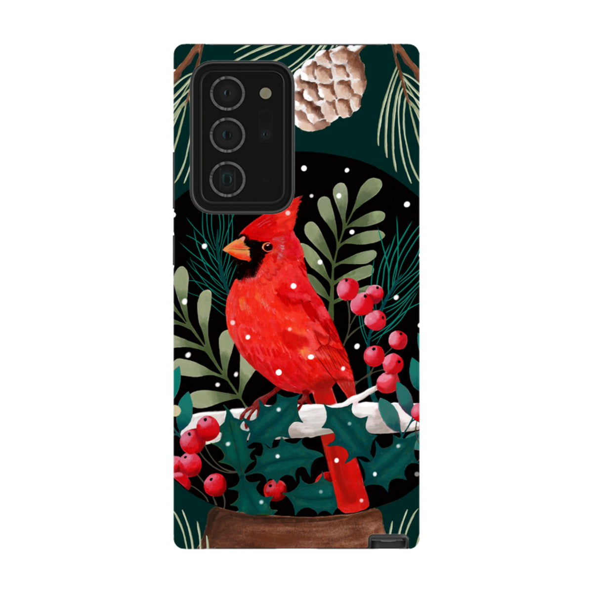 Samsung tough phone case featuring a vibrant red cardinal, holly berries, and pine needles on a dark green background.