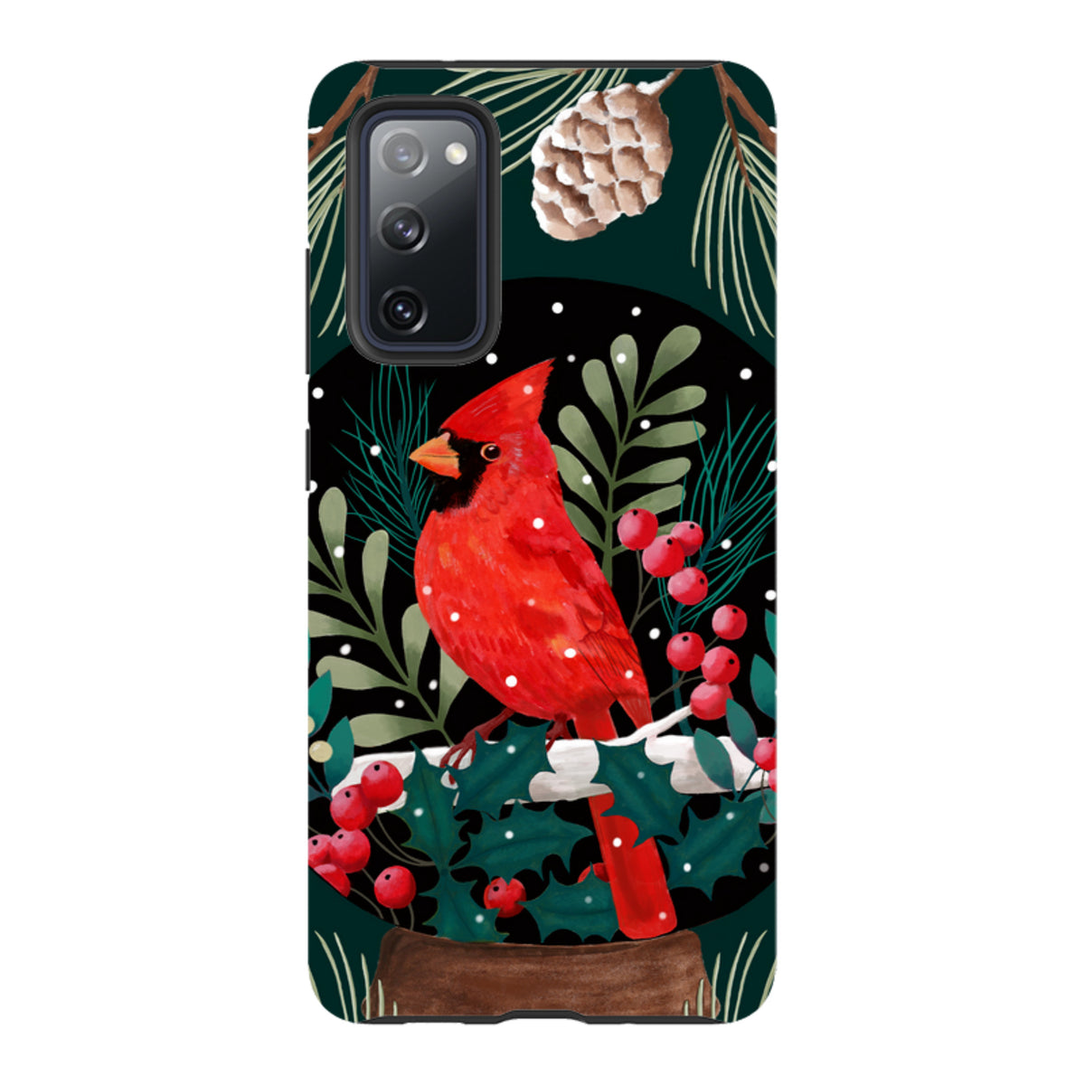 Samsung Tough Case featuring a vibrant red cardinal bird, holly berries, and pine cones on a dark green winter background.