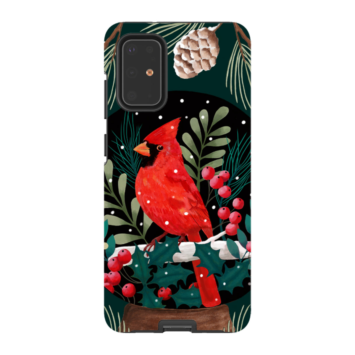 Samsung Tough Case featuring a red cardinal, holly berries, and pine cone art on a dark green background.