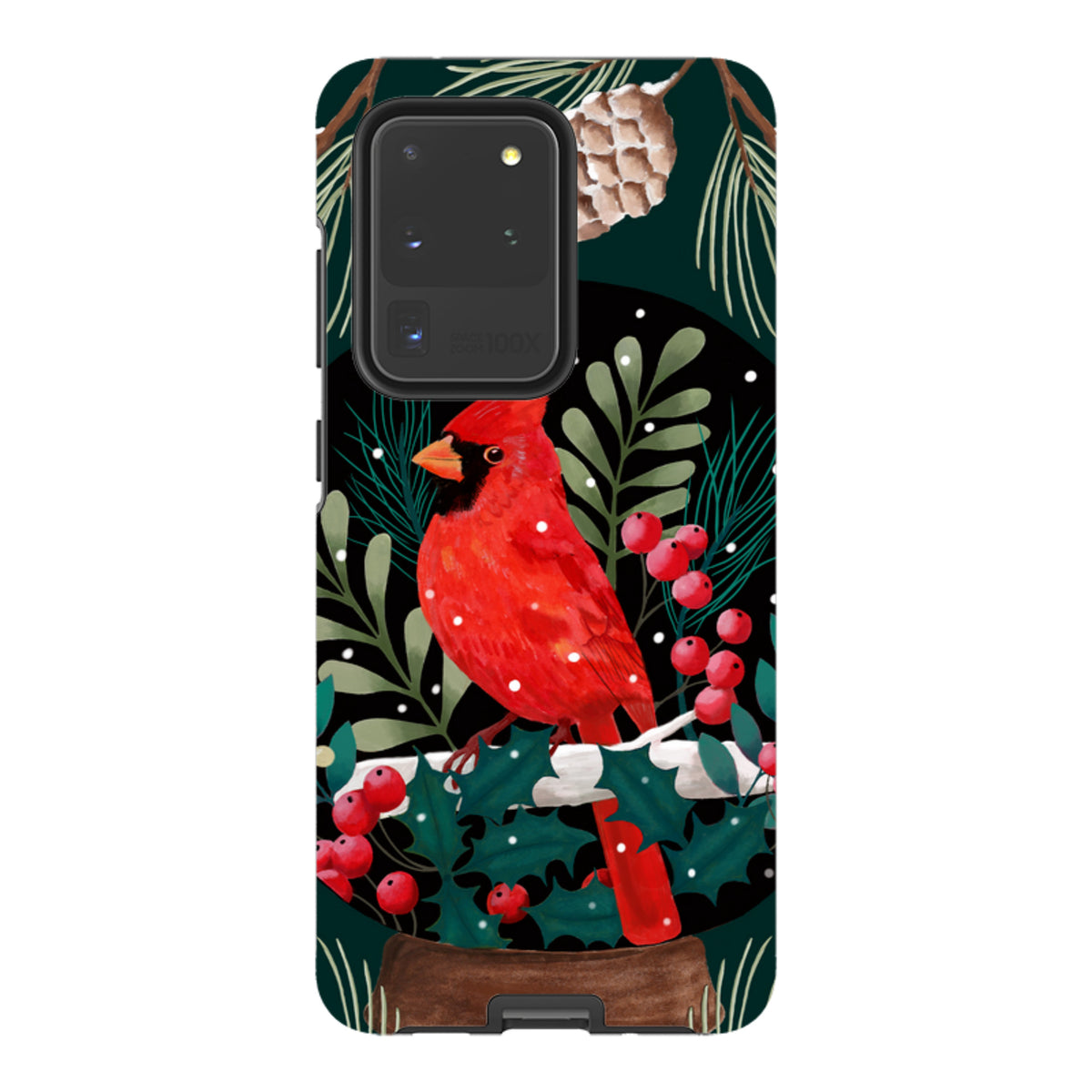 Samsung Tough Case featuring a vibrant red cardinal bird, holly berries, and pine needles on a dark, snowy background.