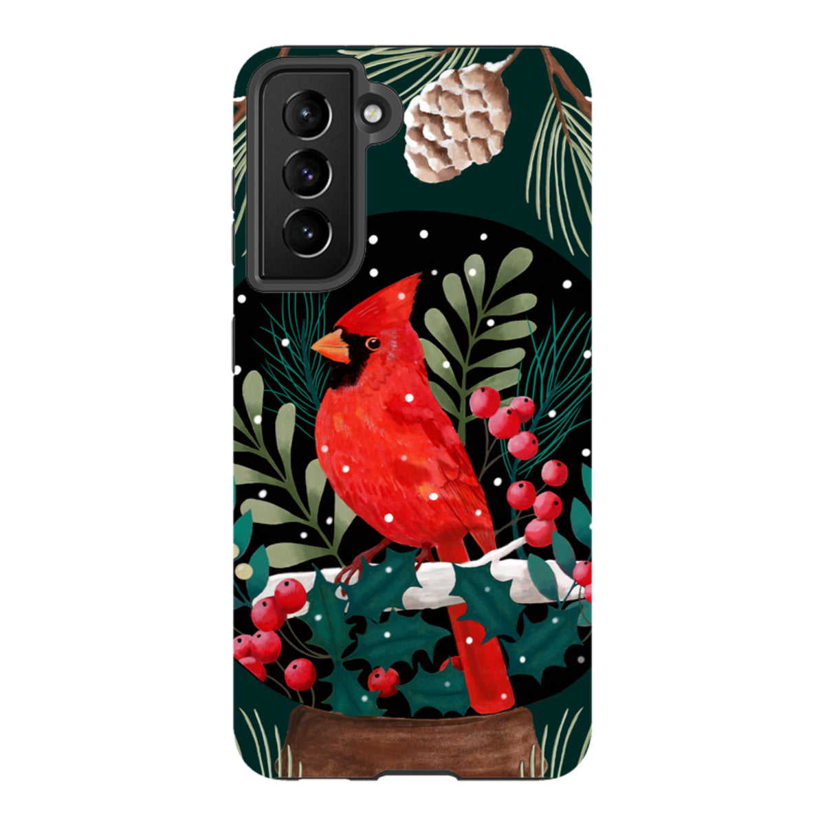 Samsung Tough Case featuring a vibrant red cardinal, holly berries, and pine cones on a dark winter-themed background.