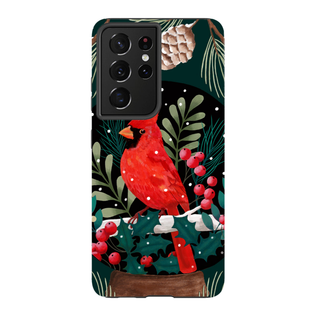 Samsung Tough Case featuring a vibrant red cardinal, holly berries, and pine branches on a dark green winter background.