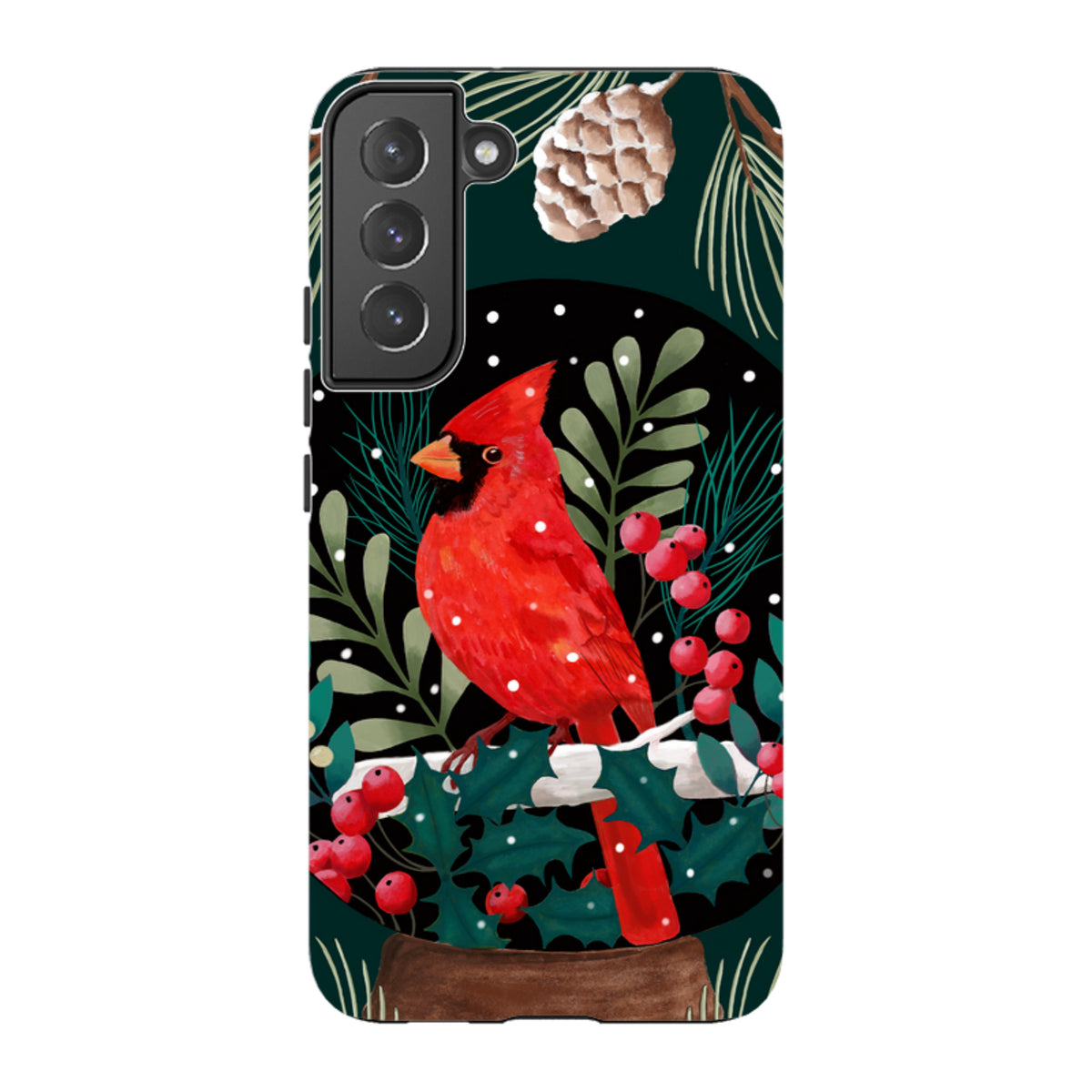 Samsung Tough Case featuring a red cardinal bird, holly berries, and pine cones on a dark green winter background.