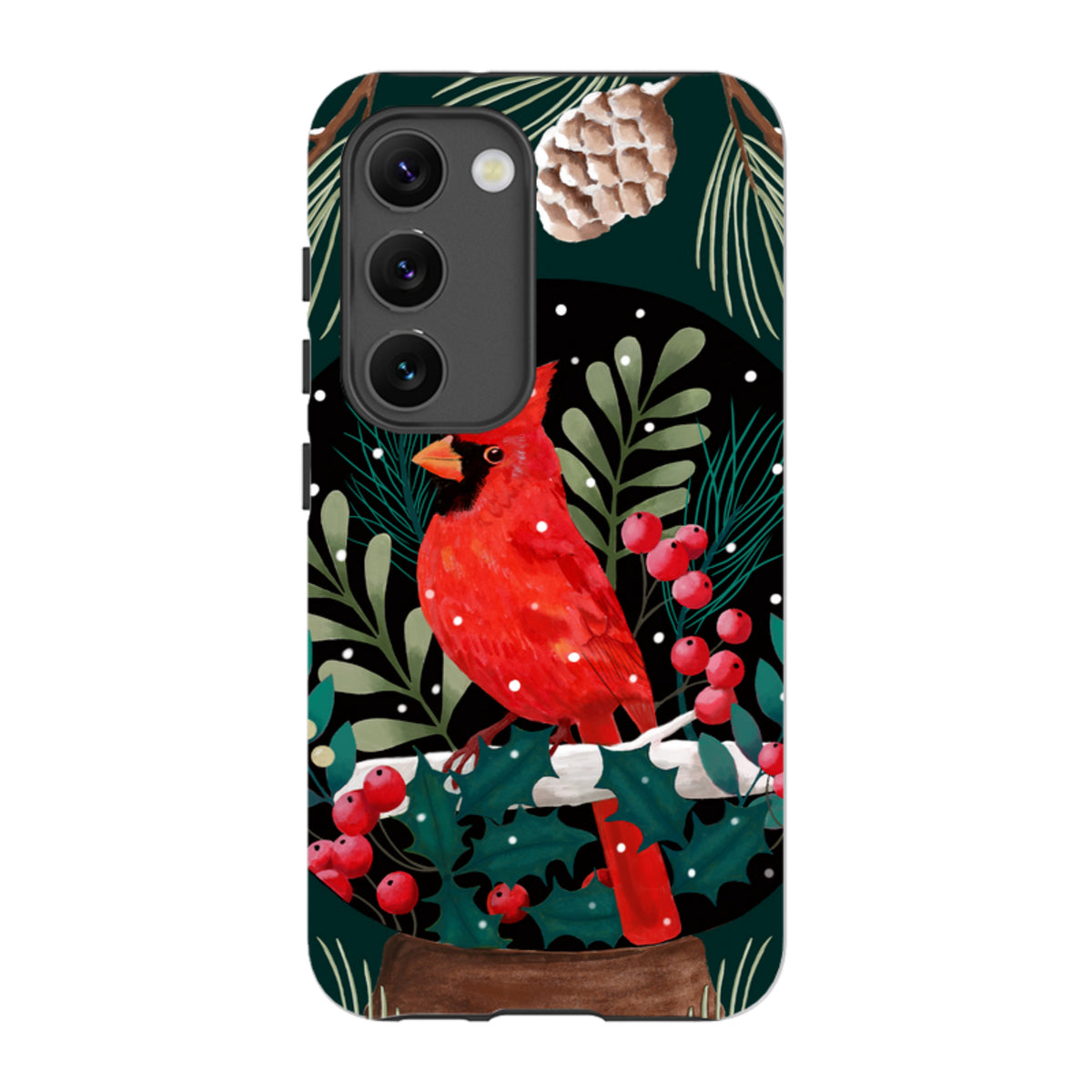 Samsung Tough Case featuring a vibrant red cardinal, holly berries, and pine cones on a dark green winter background.