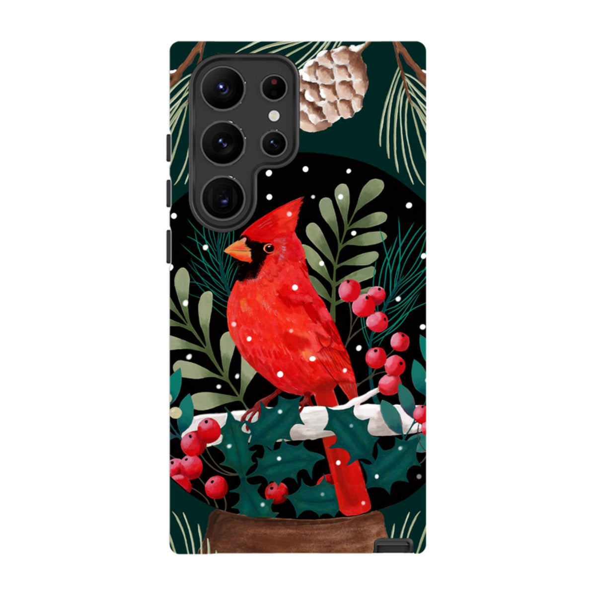 Samsung Galaxy dual-layer tough case featuring a vibrant red cardinal, holly berries, and pinecone winter art design.