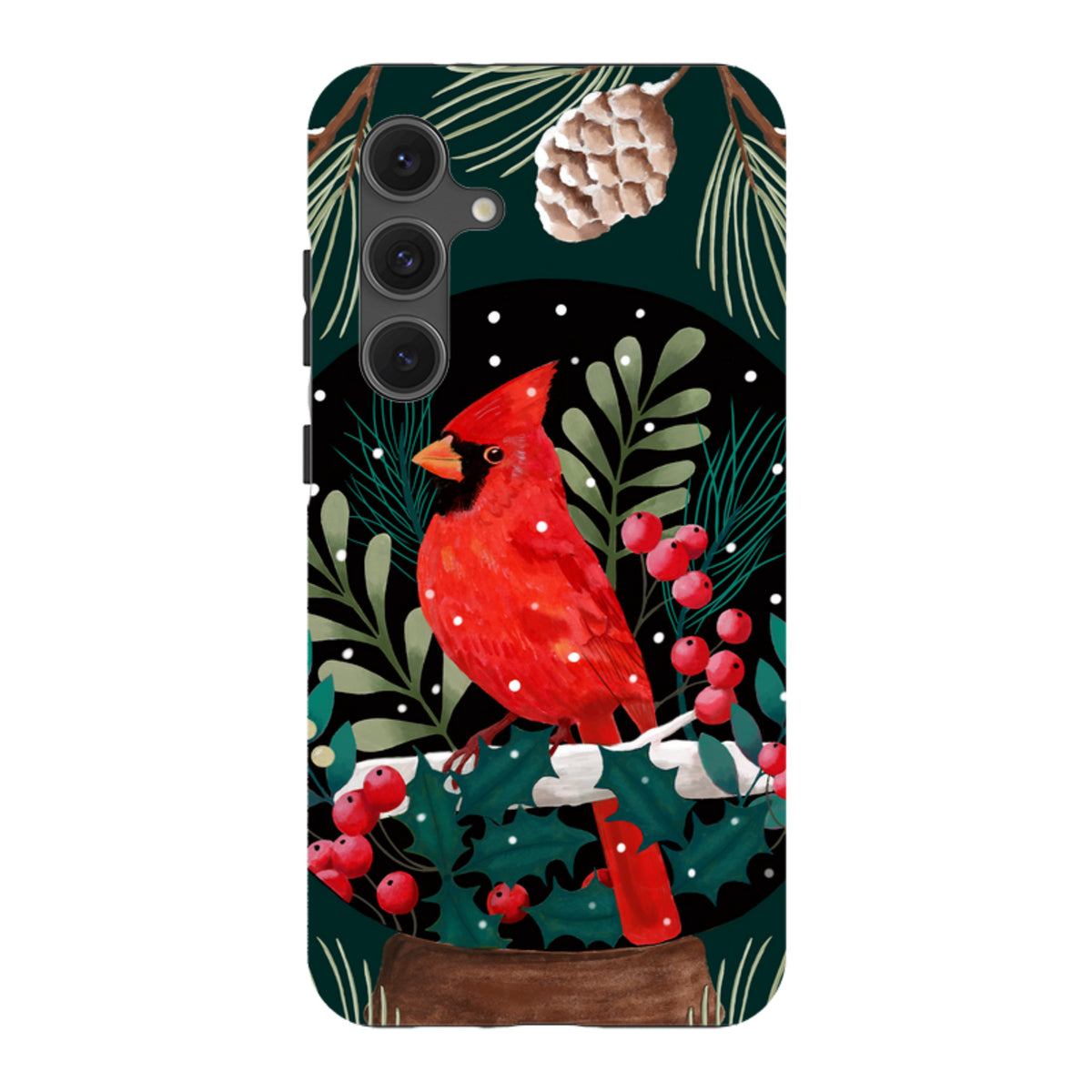 Samsung Tough Case featuring a vibrant red cardinal bird, pine needles, and berries on a dark winter-themed background.