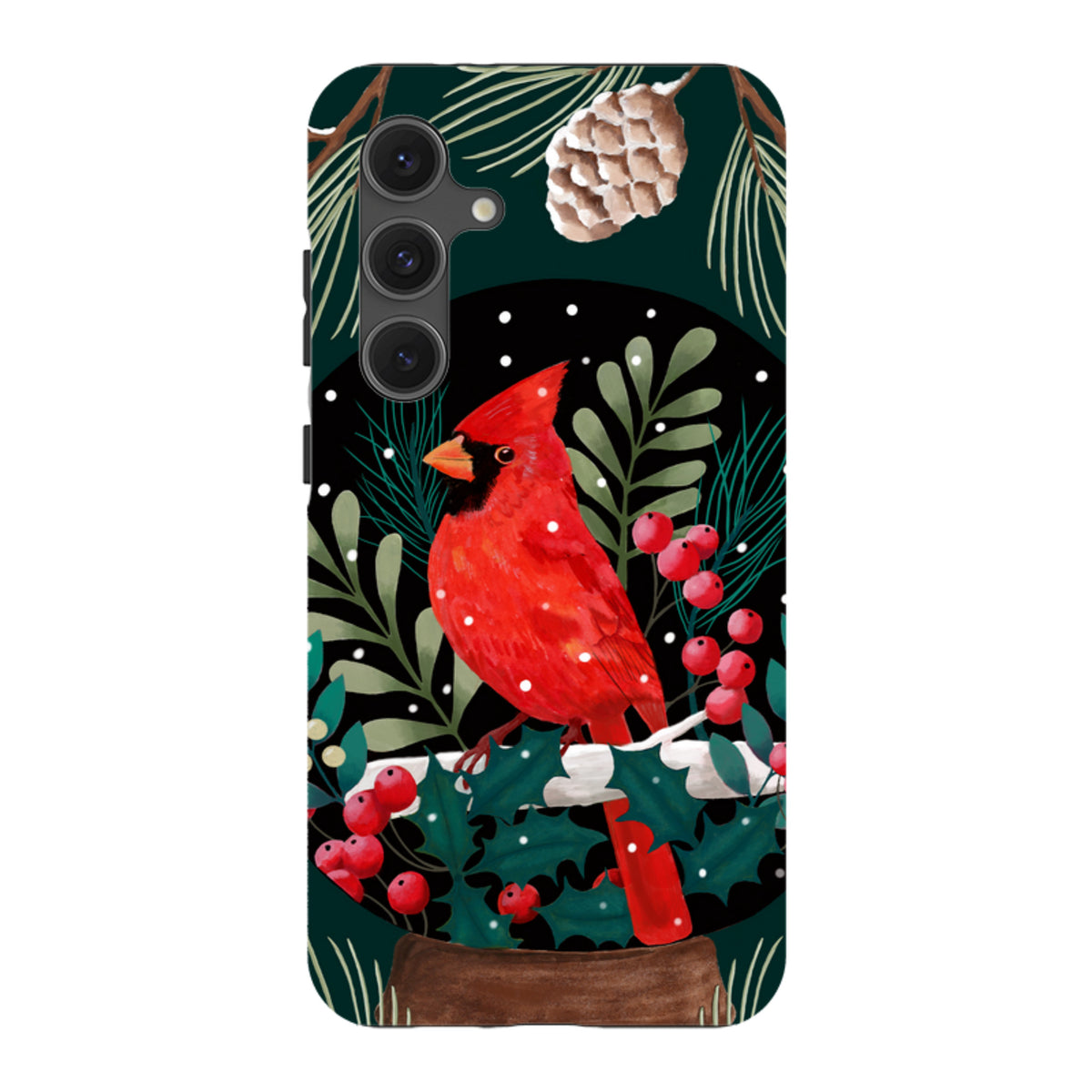 Samsung Tough Case featuring a vibrant red cardinal, holly berries, and pine cones on a dark, snowy winter background.
