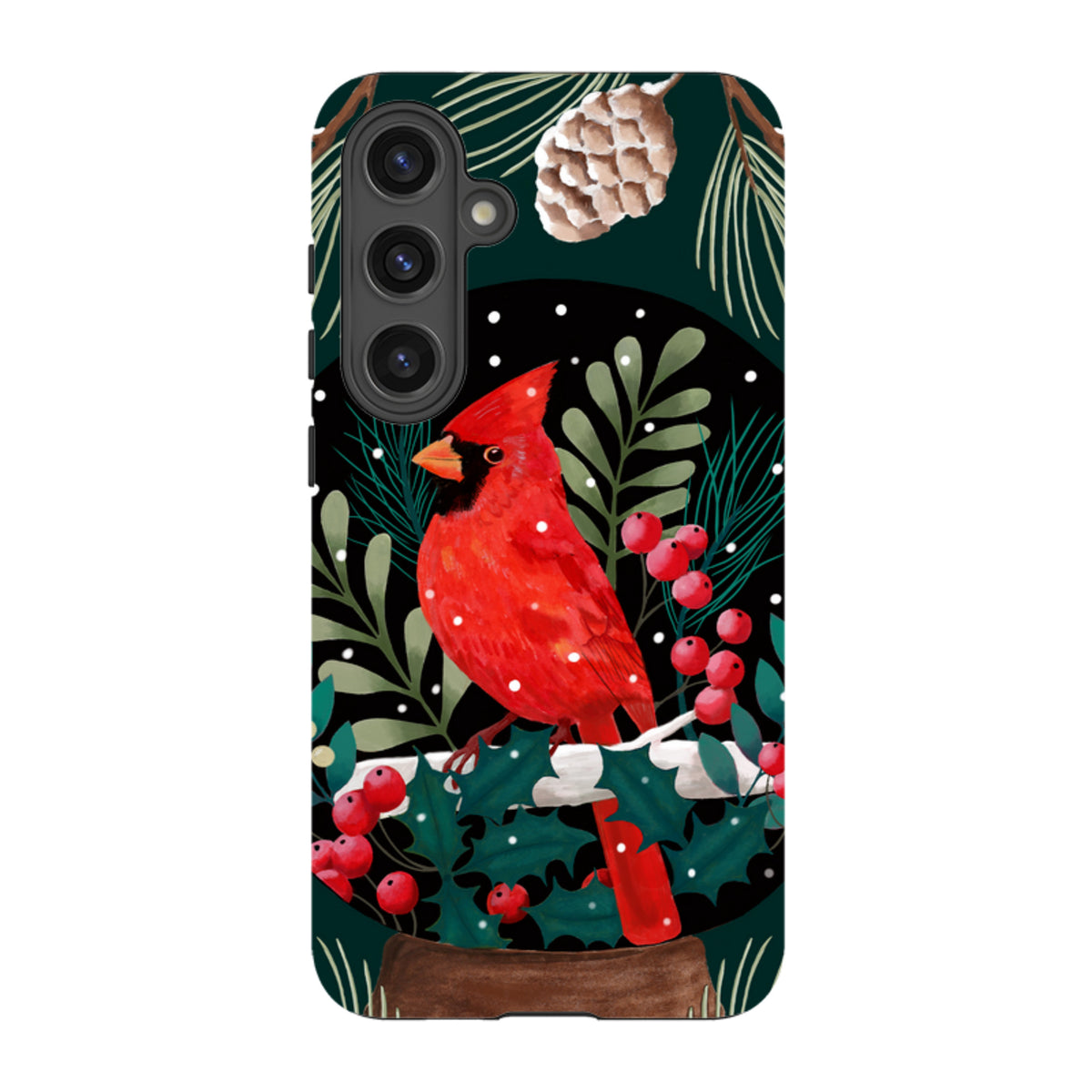 Samsung Tough Case featuring a vibrant red cardinal, pine cones, and winter berries on a dark green background.