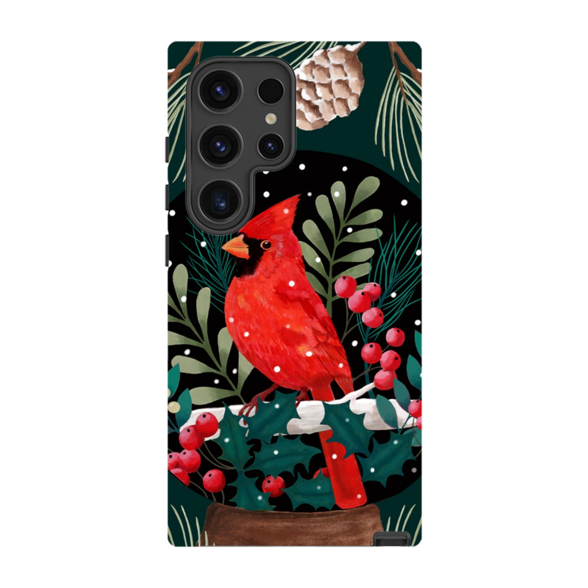 Samsung Galaxy tough case featuring a red cardinal bird, holly berries, and pine cones on a dark festive background.