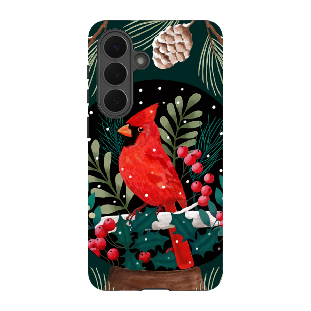 Samsung Tough Case featuring a vibrant red cardinal, holly berries, and pine cones on a dark winter-themed background.