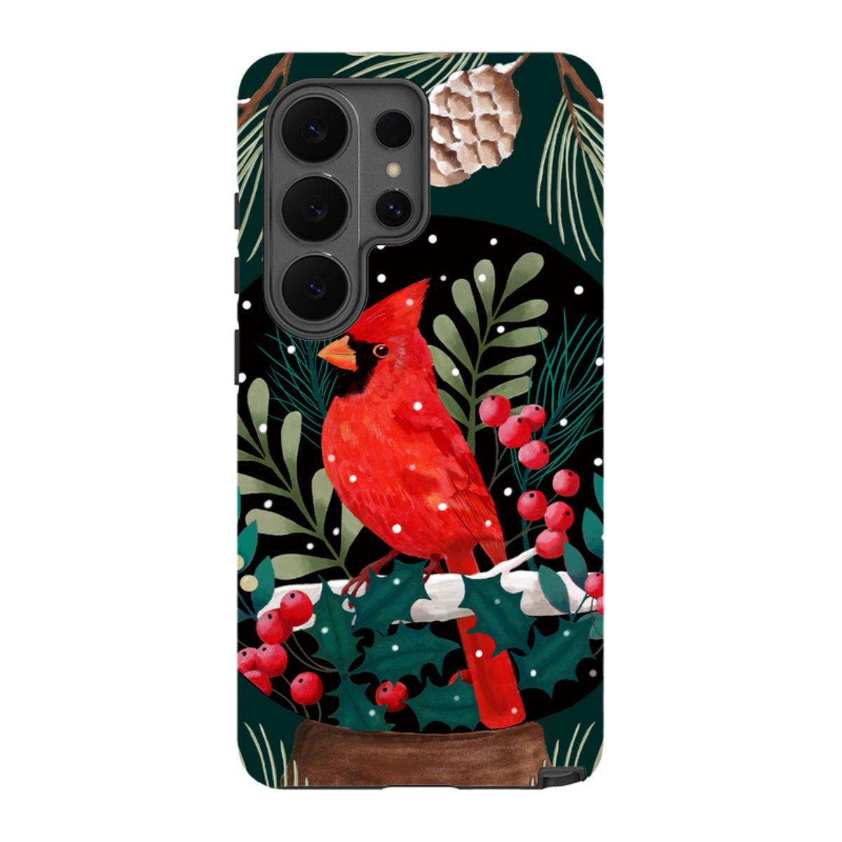Samsung Tough Case featuring a vibrant red cardinal on a snowy pine branch against a dark green winter background.