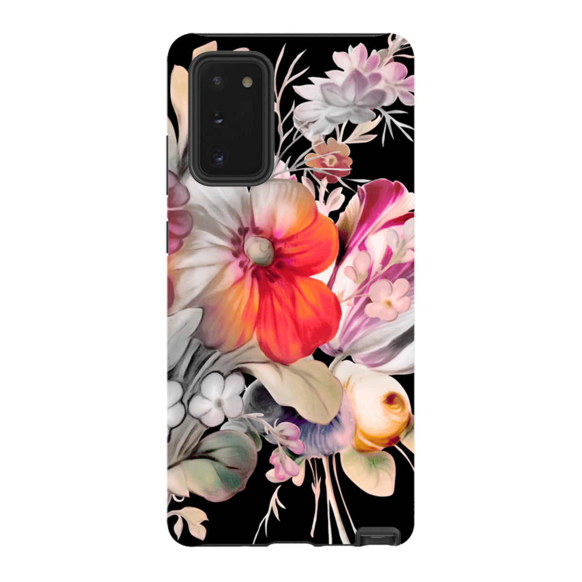 Samsung Tough Case featuring a vibrant floral Redcar design on a black background with a durable dual-layer finish.