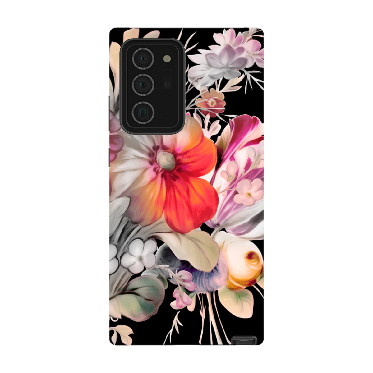 Samsung Tough Case for Galaxy featuring vibrant red and white floral artwork on a sleek black background.