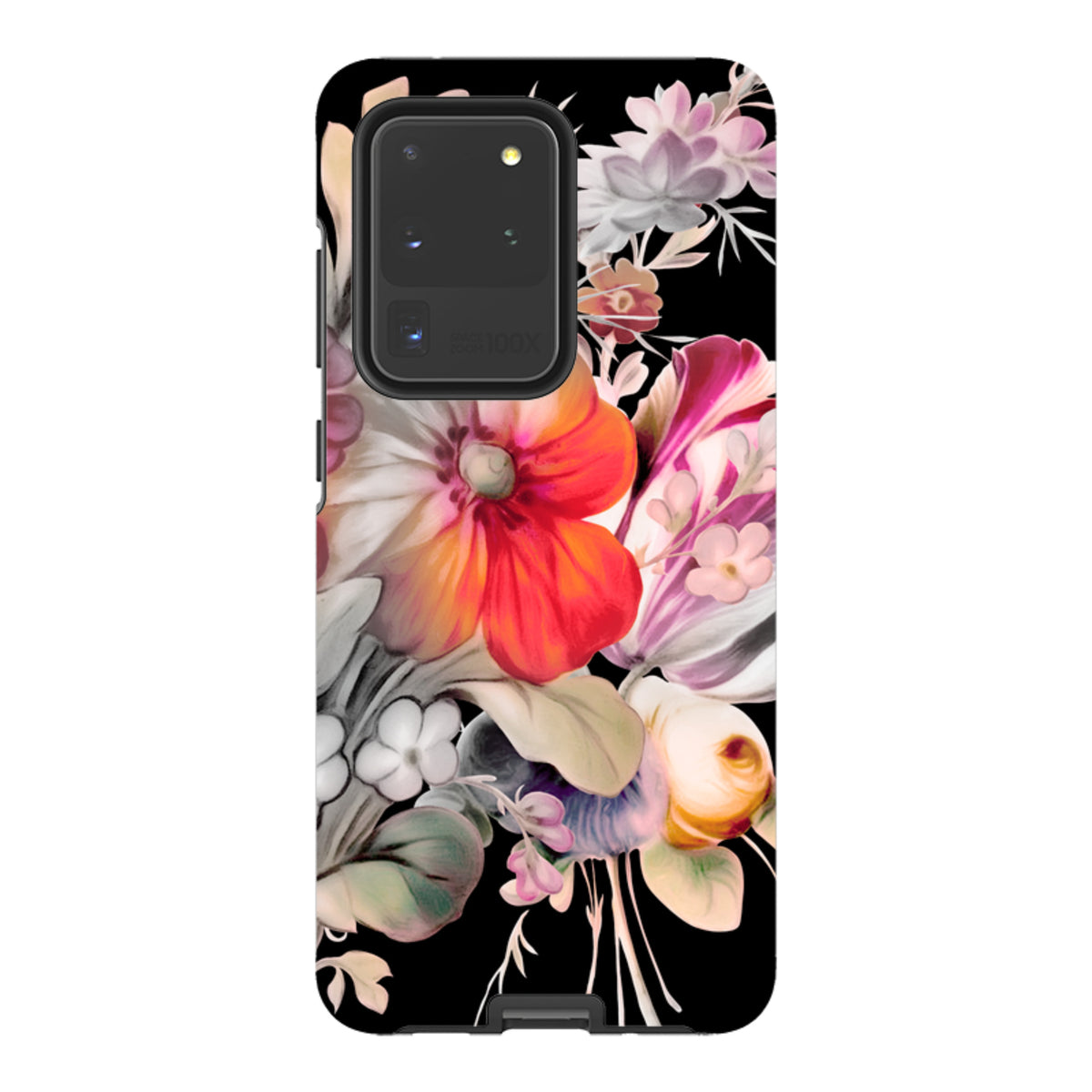 Samsung Tough Case for Galaxy featuring vibrant floral artwork on a black background with a durable dual-layer design.