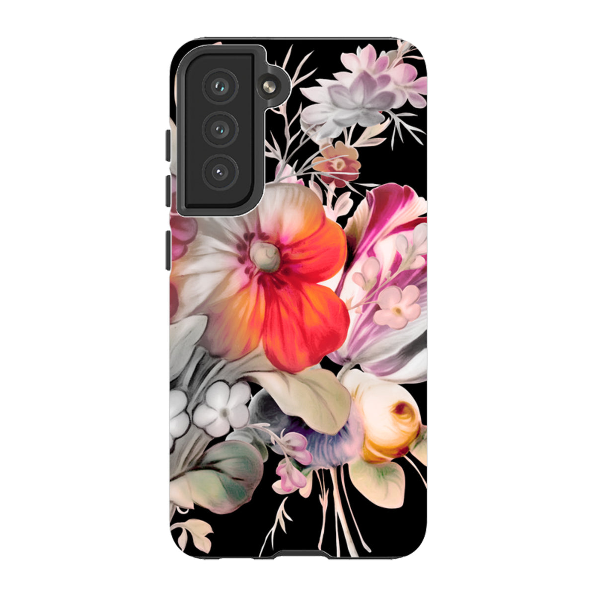 Samsung Tough Case for Galaxy featuring a vibrant floral Redcar design on a black background with dual-layer protection.