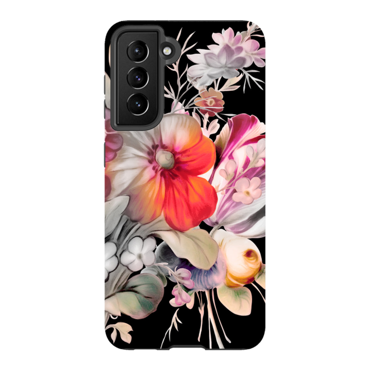 Samsung Tough Case for Galaxy featuring vibrant floral artwork on a black background with a dual-layer protective design.