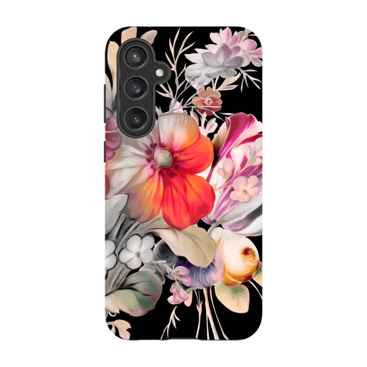 Samsung Tough Case for Galaxy featuring vibrant red and white floral artwork on a sleek black background.