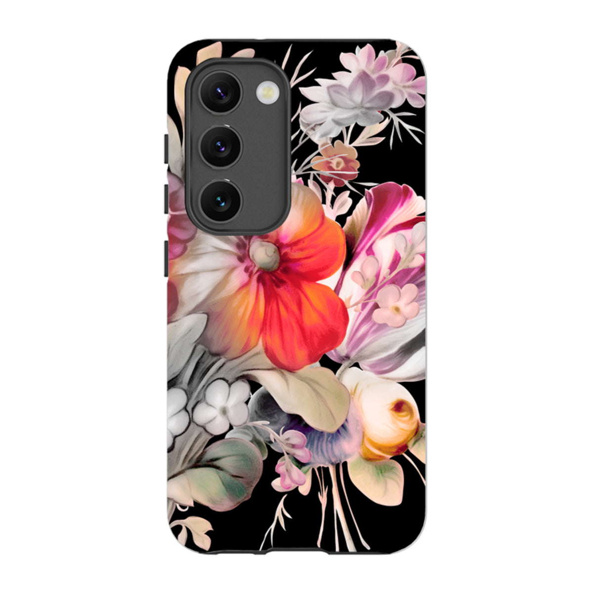 Samsung Galaxy tough case featuring a vibrant floral Redcar design on a black background with dual-layer protection.