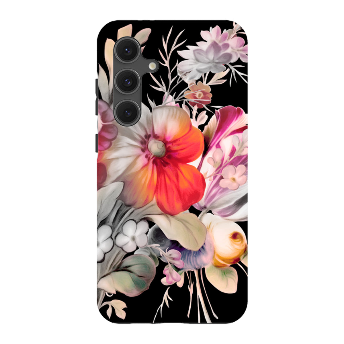 Samsung Tough Case featuring vibrant Redcar floral artwork on a black background with a dual-layer protective design.