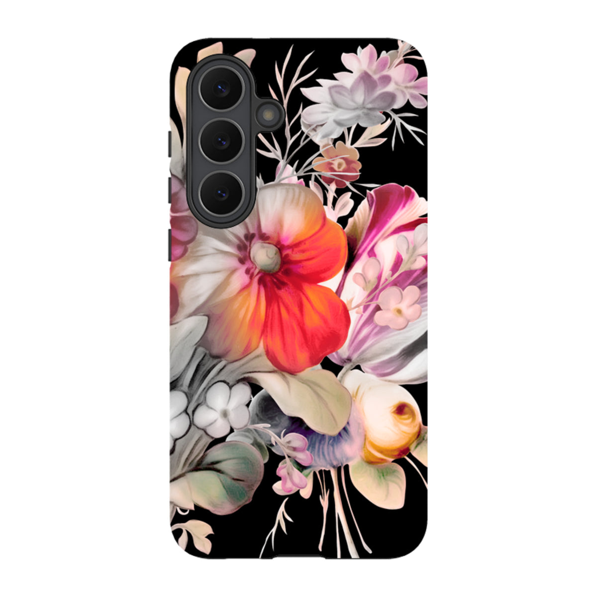 Samsung Tough Case with vibrant floral artwork on a black background, featuring dual-layer protection and camera cutouts.