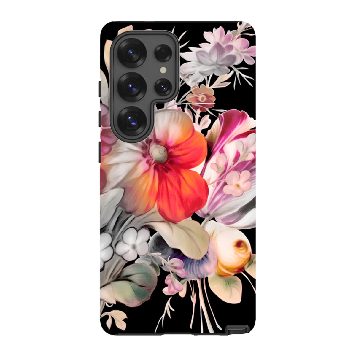Samsung Tough Case for Galaxy featuring vibrant floral artwork on a black background with dual-layer protective design.