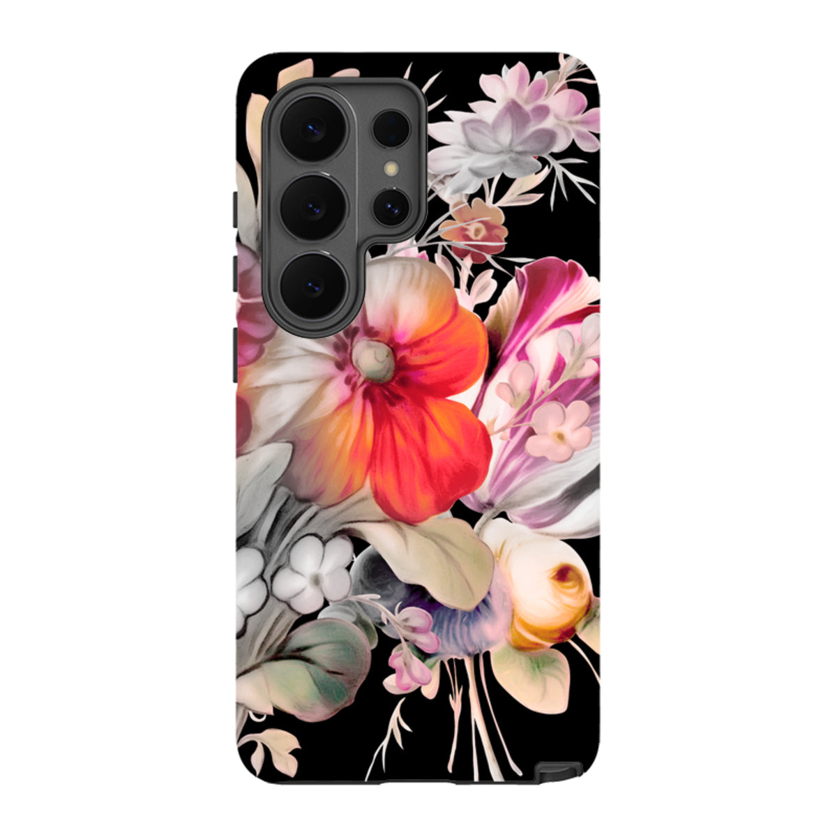 Samsung Tough Case in Redcar design featuring vibrant floral artwork on a black background with dual-layer protection.