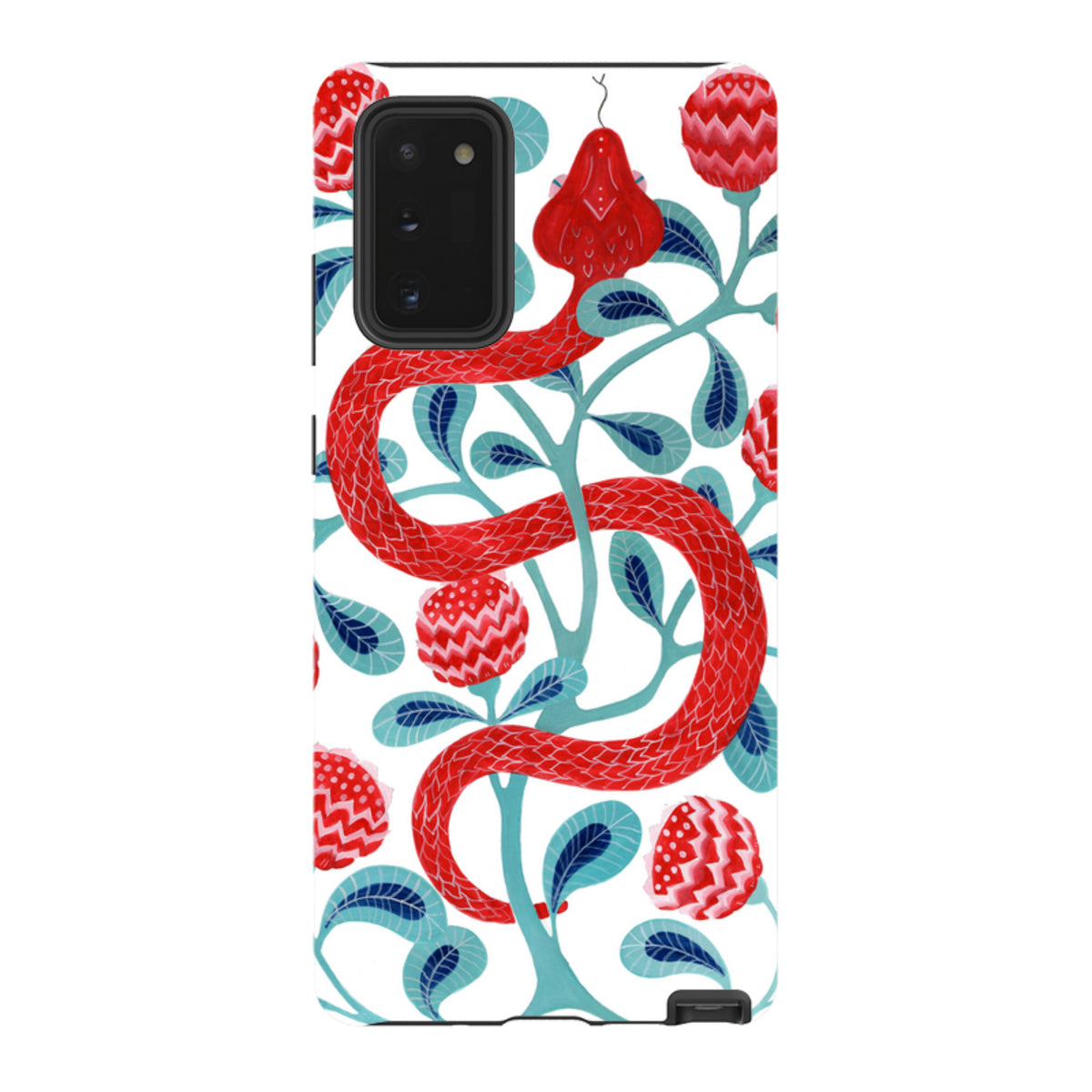 Samsung Tough Case featuring a red snake and floral pattern on a white background with dual-layer protective design.