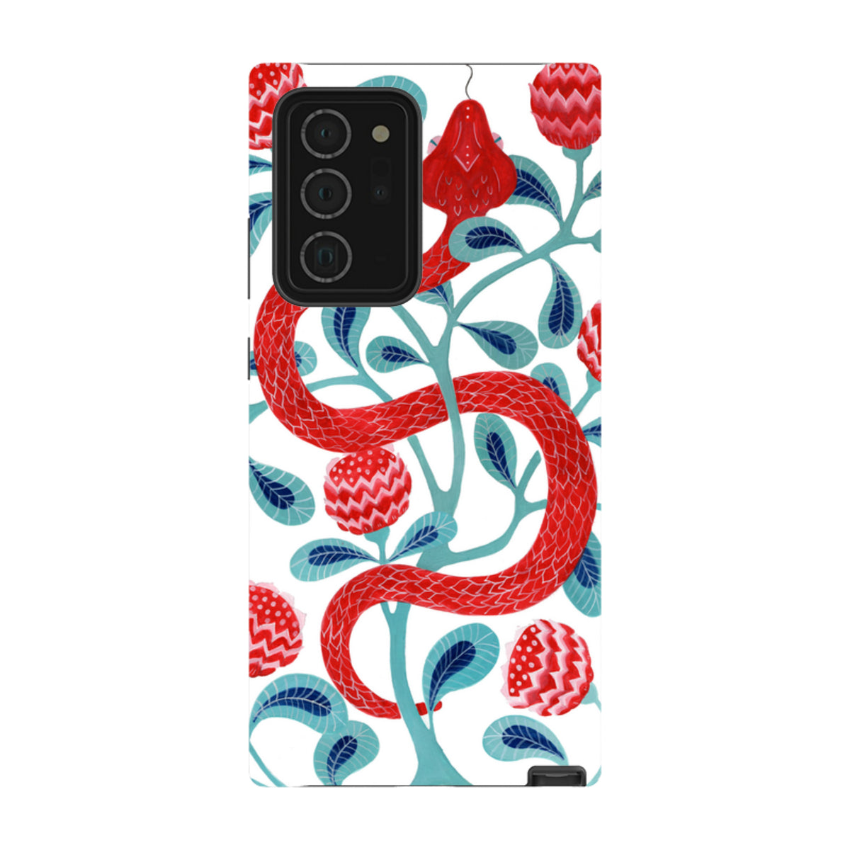 Samsung Tough Case featuring a red snake and floral pattern on a white background with a black camera cutout.