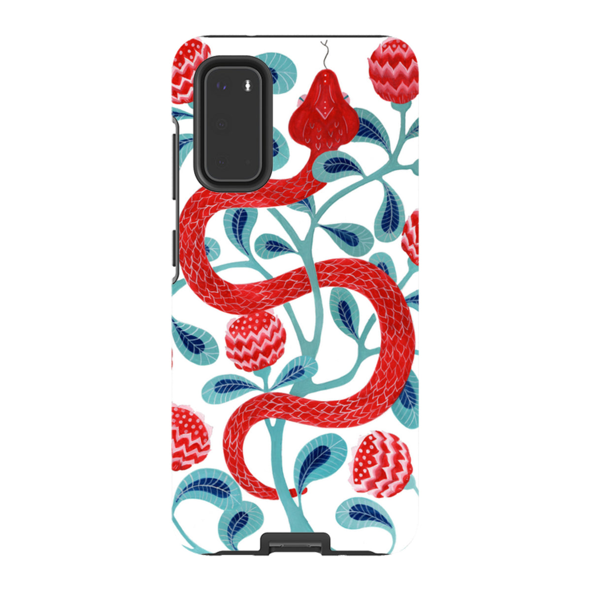 Samsung Tough Case featuring a red snake and floral pattern by Bex Parkin on a white background with dual-layer protection.