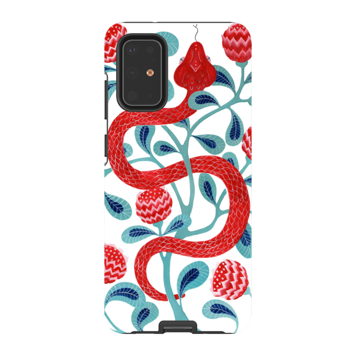 Samsung Tough Case featuring a red snake and floral artwork on a white background with dual-layer protective design.
