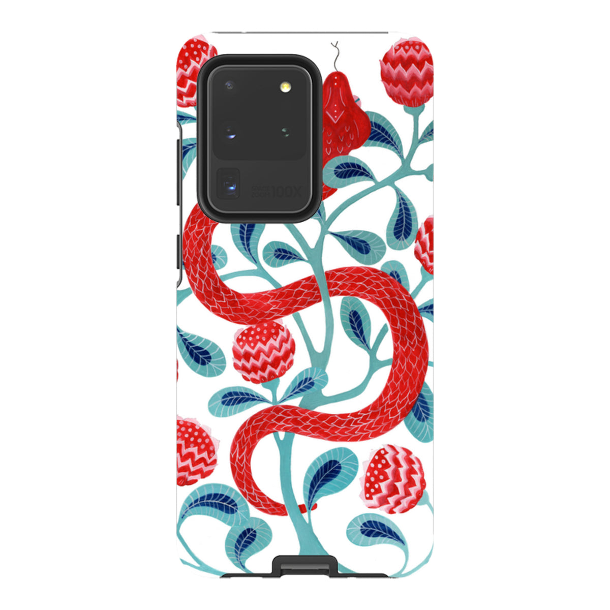 Samsung Tough Case featuring a red snake and floral pattern by Bex Parkin on a white background with dual-layer protection.
