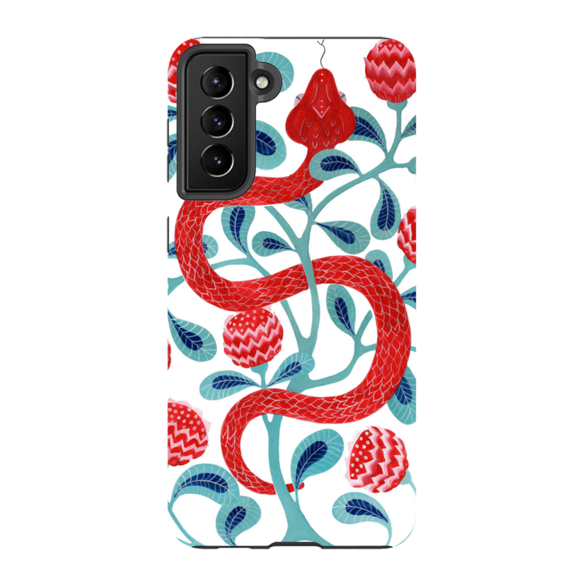 Samsung Tough Case featuring a red snake and floral pattern on a white background with a dual-layer protective design.