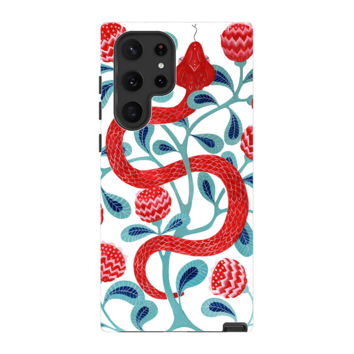 Samsung Tough Case featuring a red snake and floral pattern on a white background with a dual-layer protective design.